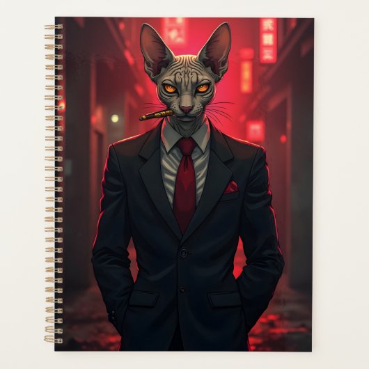 Neon Noir Sphynx Cat in Mafia Style プランナー手帳 (正面)