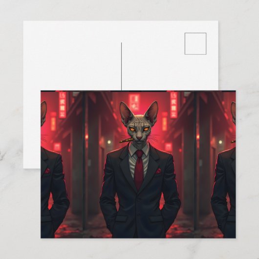 Neon Noir Sphynx Cat in Mafia Style ポストカード (正面/裏面)