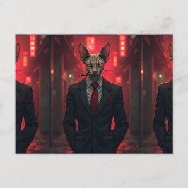 Neon Noir Sphynx Cat in Mafia Style ポストカード