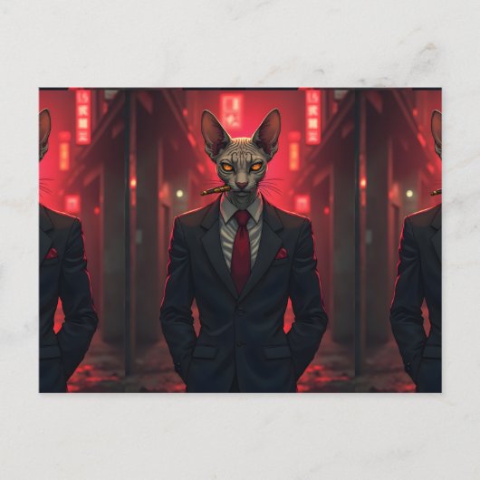 Neon Noir Sphynx Cat in Mafia Style ポストカード (正面)