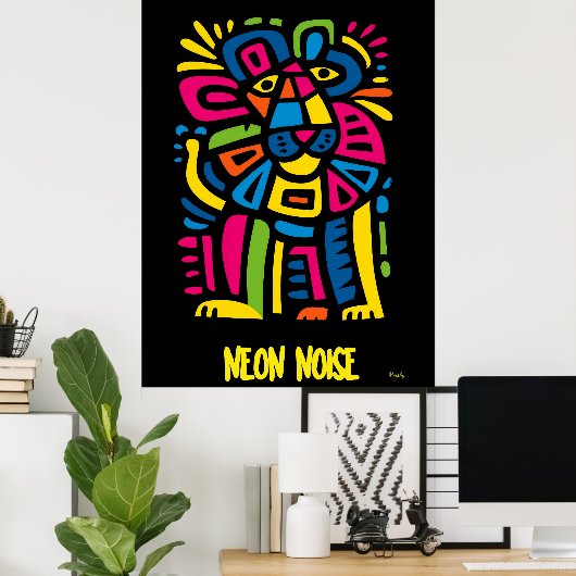 Neon Noise Lion – Abstract Geometric Tribal Art ポスター (ホームオフィス)