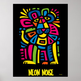 Neon Noise Lion – Abstract Geometric Tribal Art ポスター