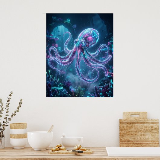 Neon Octopus Data Reef ポスター (キッチン)