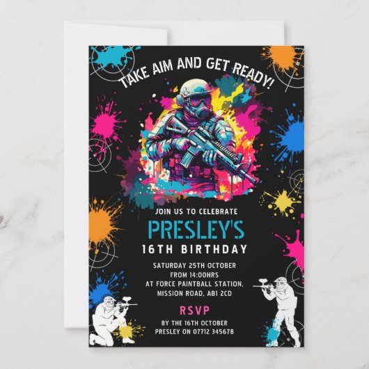 Neon Paintball Invite - Combat Glow Birthday Party 招待状 (正面)