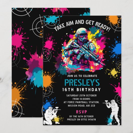 Neon Paintball Invite - Combat Glow Birthday Party 招待状 (正面/裏面)