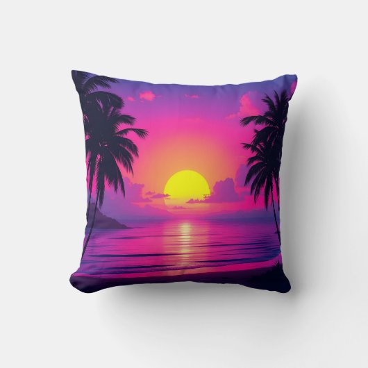 Neon Palm Sunset and Blue Glow Oasis Pillow クッション (正面)