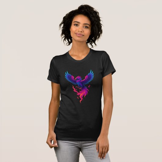 Neon Phoenix Rebirth – Vibrant Mythical Firebird D Tシャツ (正面フル)