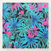 Neon Pink and Blue Tropical Plant Pattern ガラスコースター (正面)