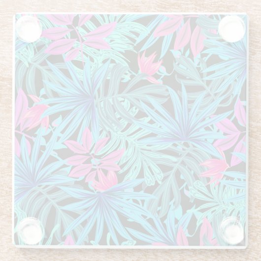 Neon Pink and Blue Tropical Plant Pattern ガラスコースター (裏面)