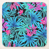 Neon Pink and Blue Tropical Plant Pattern スクエアペーパーコースター (正面)