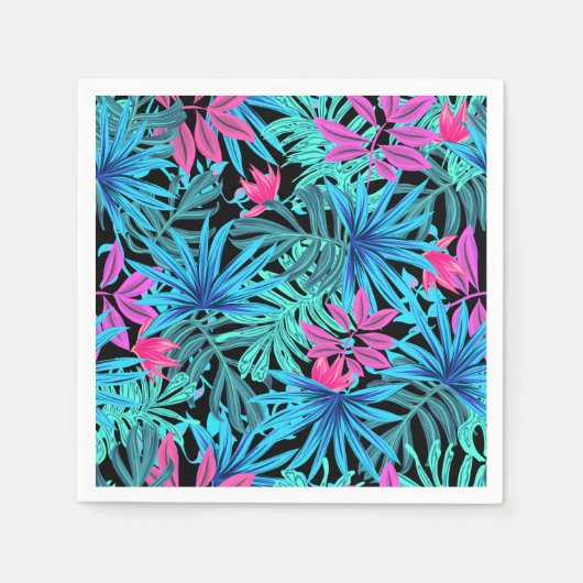 Neon Pink and Blue Tropical Plant Pattern スタンダードカクテルナプキン (正面)