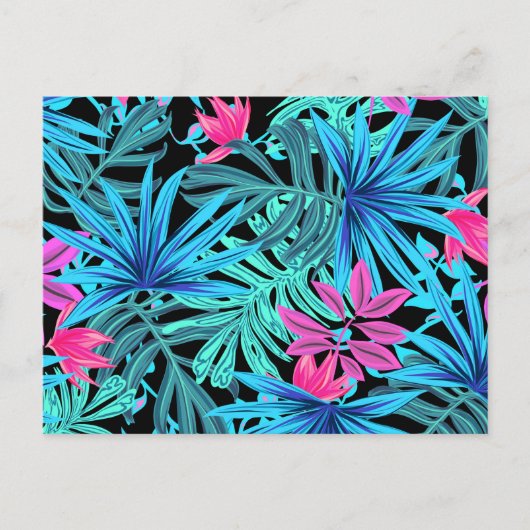 Neon Pink and Blue Tropical Plant Pattern ポストカード (正面)