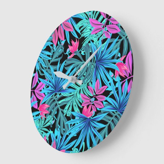 Neon Pink and Blue Tropical Plant Pattern ラージ壁時計 (傾斜)
