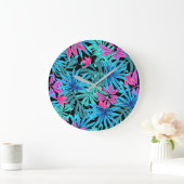Neon Pink and Blue Tropical Plant Pattern ラージ壁時計 (ホーム)