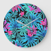 Neon Pink and Blue Tropical Plant Pattern ラージ壁時計 (正面)