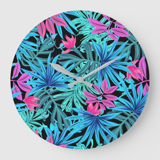 Neon Pink and Blue Tropical Plant Pattern ラージ壁時計 (正面)