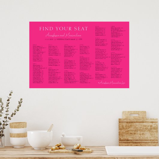 Neon Pink Basic Wedding Alphabetical Seating Chart ポスター (キッチン)