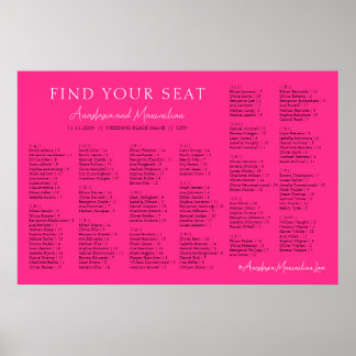 Neon Pink Basic Wedding Alphabetical Seating Chart ポスター