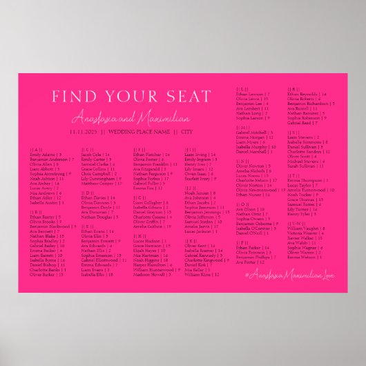 Neon Pink Basic Wedding Alphabetical Seating Chart ポスター (正面)