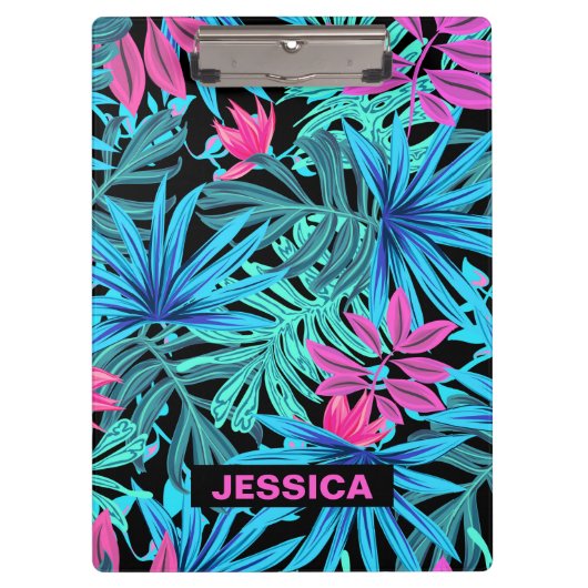 Neon Pink Blue Tropical Plant Pattern Personalised クリップボード (正面)