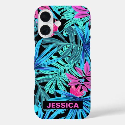 Neon Pink Blue Tropical Plant Pattern Personalised Case-Mate iPhoneケース (裏面)