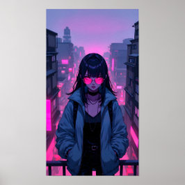 Neon Pink Cyberpunk Girl City Portrait ポスター