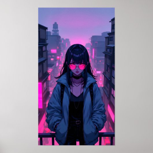 Neon Pink Cyberpunk Girl City Portrait ポスター (正面)