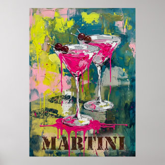 Neon Pink Martini Pop Art: Modernes Cocktail Gemäl ポスター