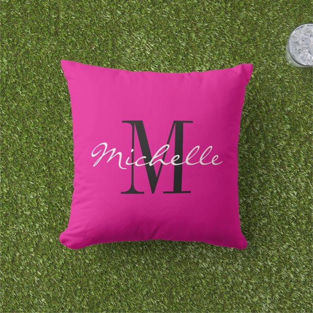 Neon pink outside decoration pillow with monogram アウトドアクッション (芝生)