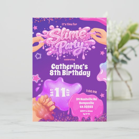 Neon Pink Purple Slime Birthday Invitation 招待状 (スタンド正面)
