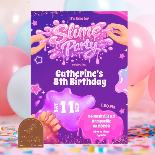 Neon Pink Purple Slime Birthday Invitation 招待状