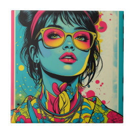 Neon Pop Diva Portrait – Bold & Vibrant Retro Art タイル