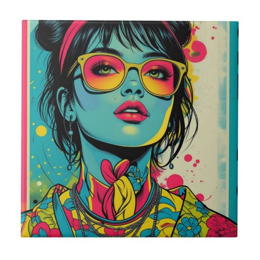 Neon Pop Diva Portrait – Bold & Vibrant Retro Art タイル (正面)