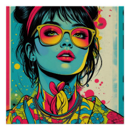 Neon Pop Diva Portrait – Bold & Vibrant Retro Art ポスター