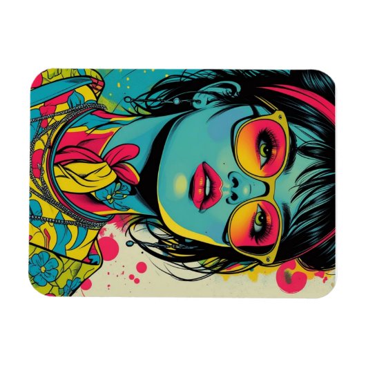Neon Pop Diva Portrait – Bold & Vibrant Retro Art マグネット (横)