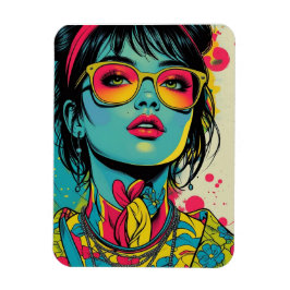 Neon Pop Diva Portrait – Bold & Vibrant Retro Art マグネット