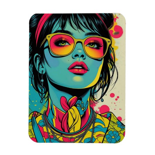 Neon Pop Diva Portrait – Bold & Vibrant Retro Art マグネット (縦)