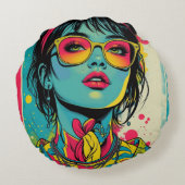 Neon Pop Diva Portrait – Bold & Vibrant Retro Art ラウンドクッション (裏面)
