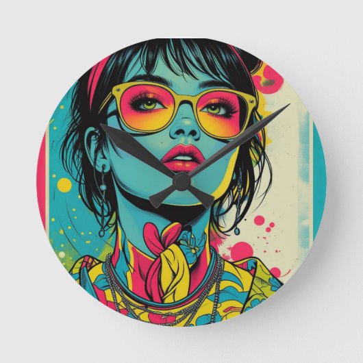 Neon Pop Diva Portrait – Bold & Vibrant Retro Art ラウンド壁時計 (正面)