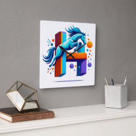 Neon Power Horse Jump Over H Letter スクエア壁時計