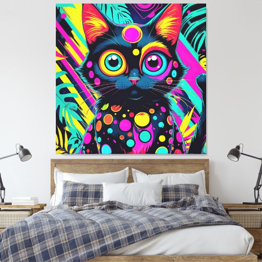 ✨ Neon Psychedelic Cat – Pop Art Design 🎨🐱 キャンバスプリント (インサイチュ (寝室))