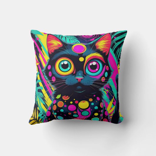 ✨ Neon Psychedelic Cat – Pop Art Design 🎨🐱 クッション (裏面)