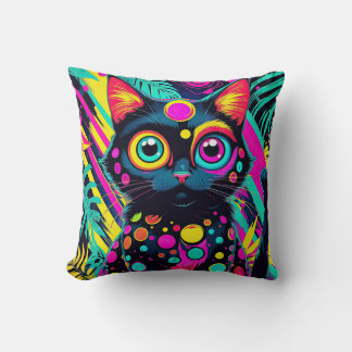 ✨ Neon Psychedelic Cat – Pop Art Design 🎨🐱 クッション