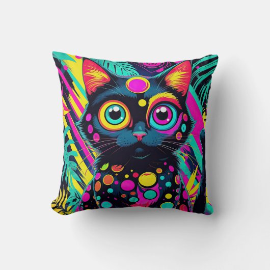 ✨ Neon Psychedelic Cat – Pop Art Design 🎨🐱 クッション (正面)