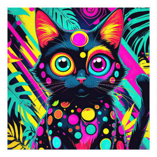 ✨ Neon Psychedelic Cat – Pop Art Design 🎨🐱 フォトプリント