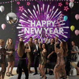 Neon Purple “Happy New Year”Glow Party Backdrop タペストリー
