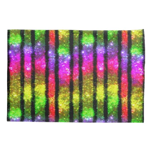 Neon Rainbow Shimmer Stripes 枕カバー (裏面-左)