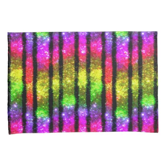 Neon Rainbow Shimmer Stripes 枕カバー (正面右)