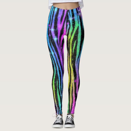 Neon Rainbow Zebra 90s Nostalgia Leggings レギンス (正面)
