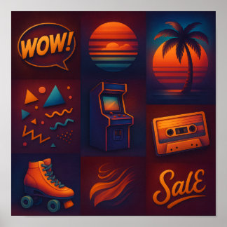 Neon Retro 80s Pop Culture Collage Art Print ポスター